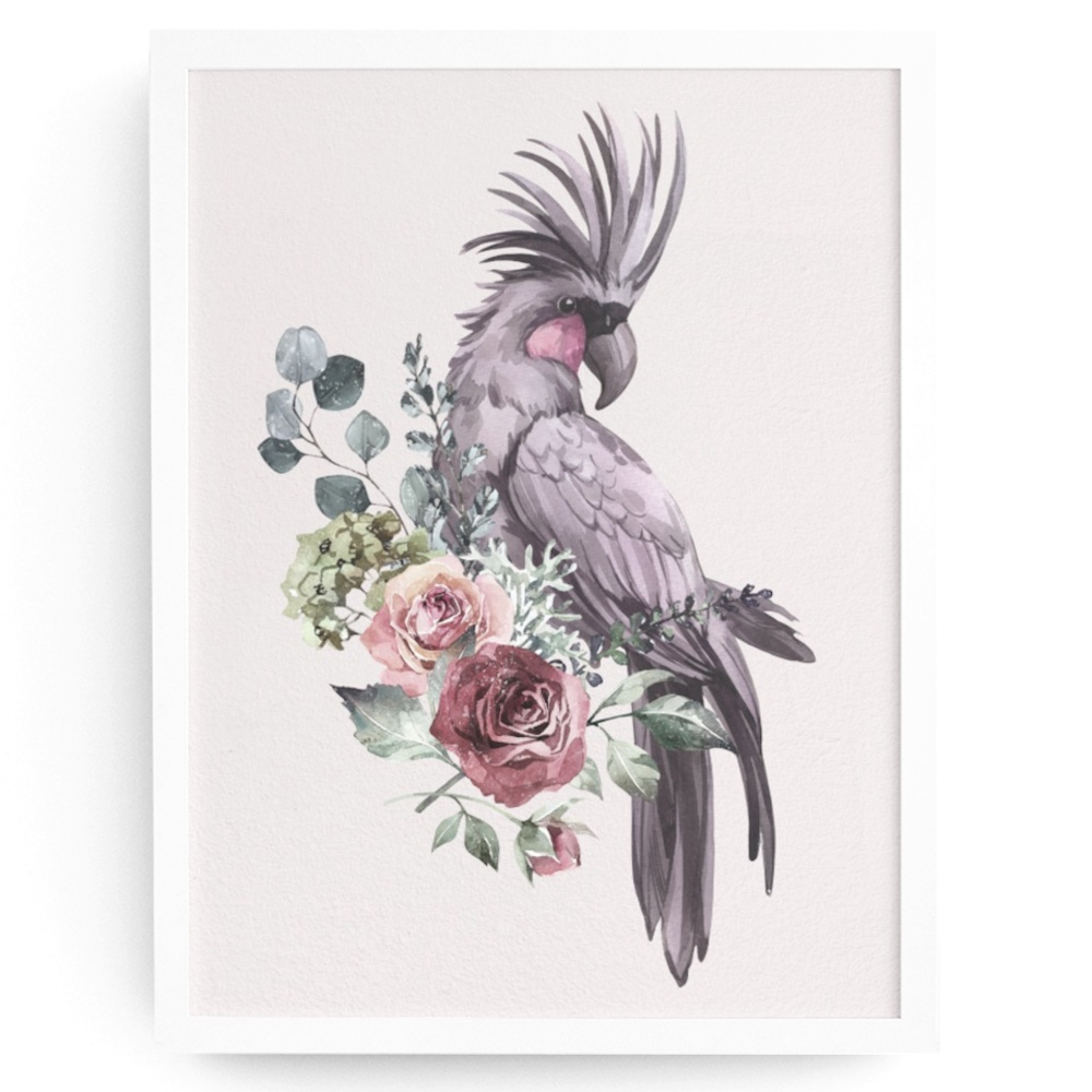 Floral Black Cockatoo Watercolor Illustration Wall Art Print Poster Unframed - Picture 1 of 10